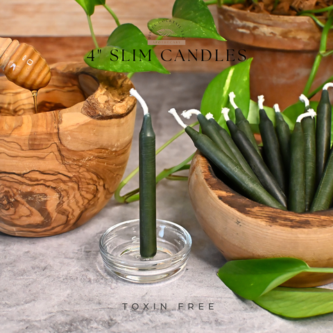 4” Slim Forest Green Beeswax Candles, Close Up