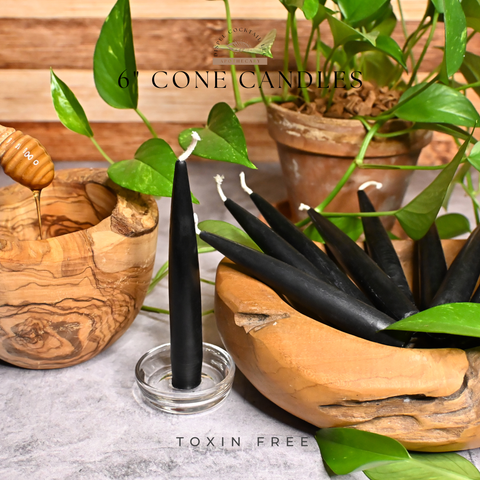 6” Cone Black Beeswax Candles, Close Up