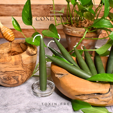 6” Cone Forest Green Beeswax Candles, Close Up