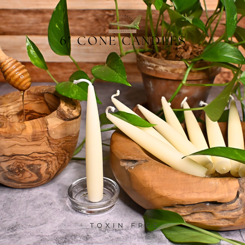 6” Cone White Beeswax Candles, Close Up
