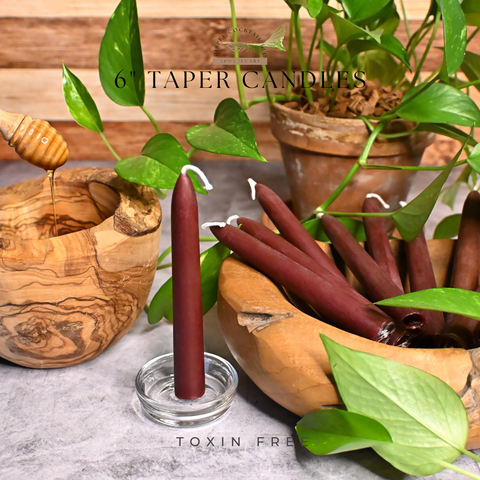 6” Taper Red Wine Beeswax Candles, Close Up